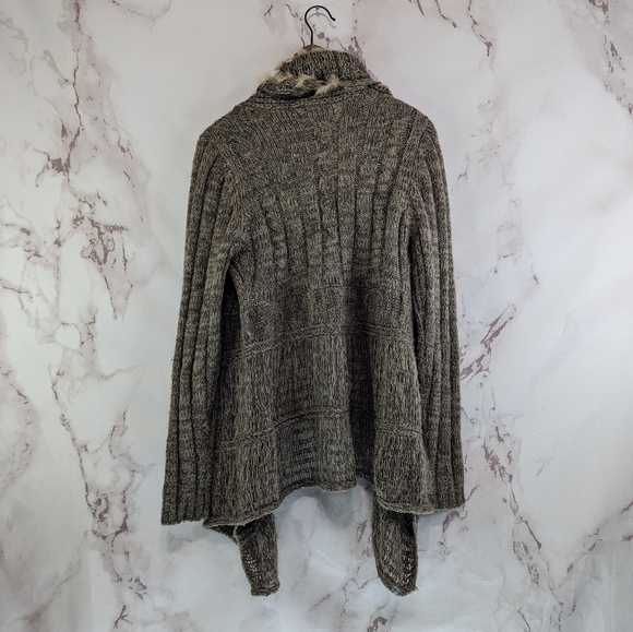 BKE Sweater Women Large Brown Wool Cardigan Tunic Open Front Boho Feather Fringe - Picture 5 of 11